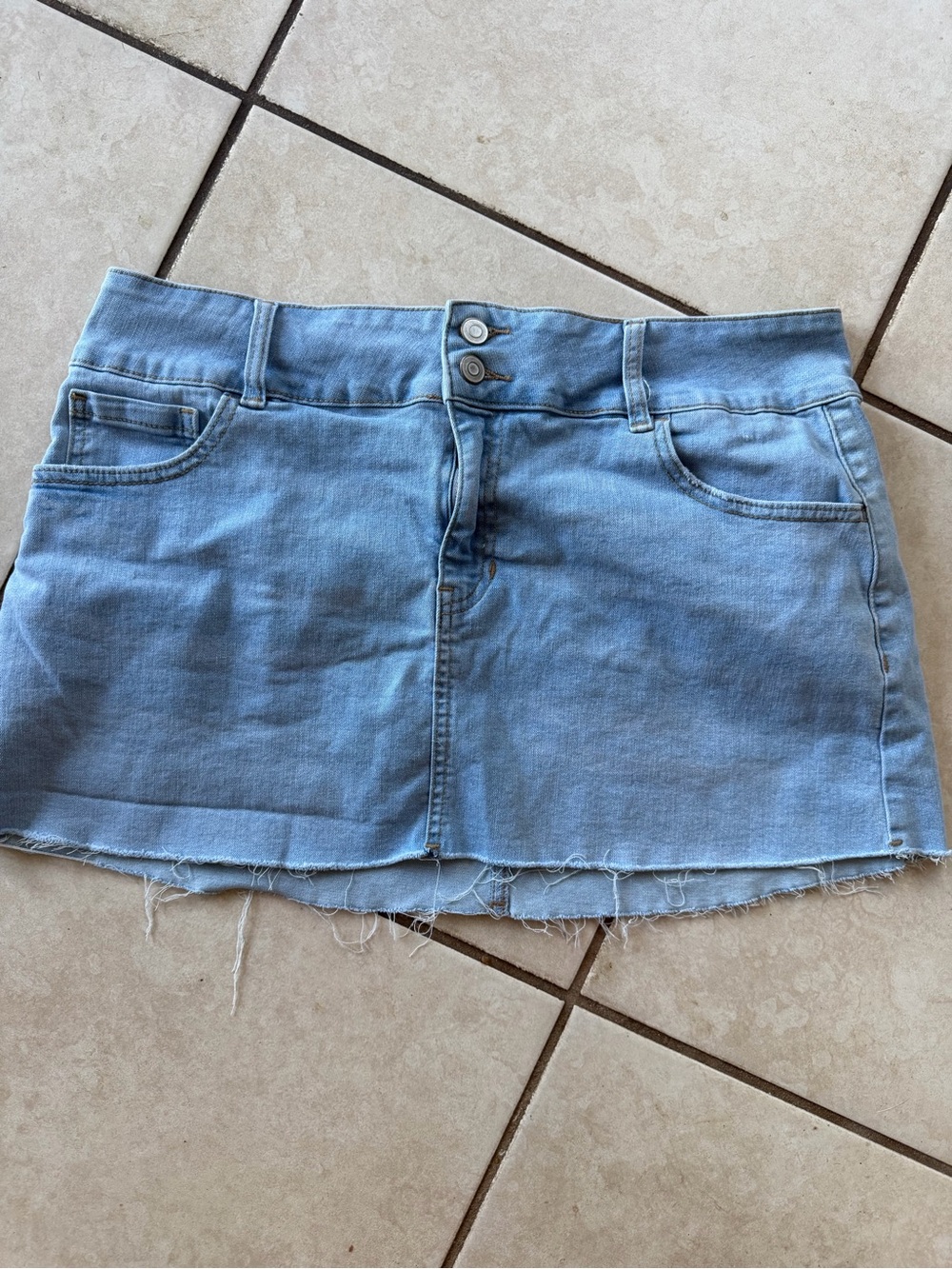 Celebrity Pink Light Wash Raw Hem Denim
Mini Skirt
